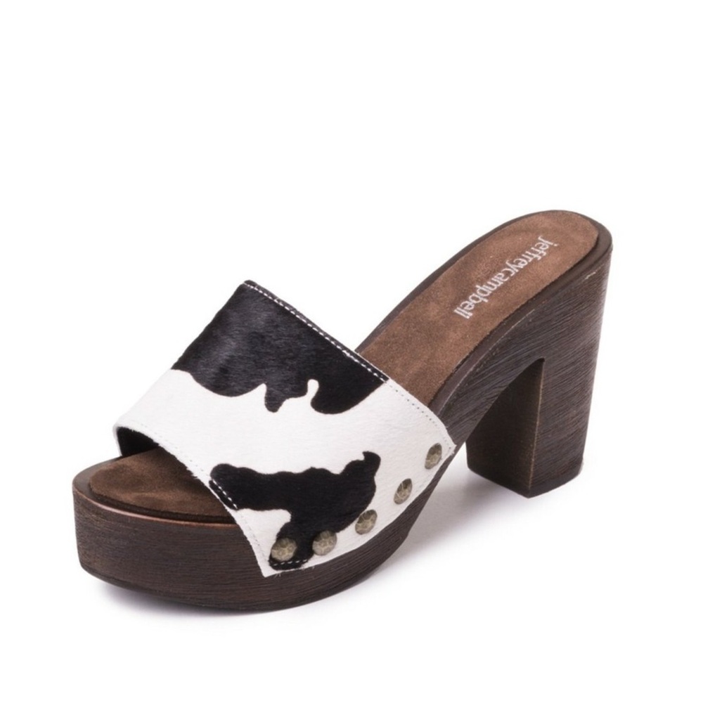 Jeffrey Campbell Black and White Cowhide Platform Mule Heels